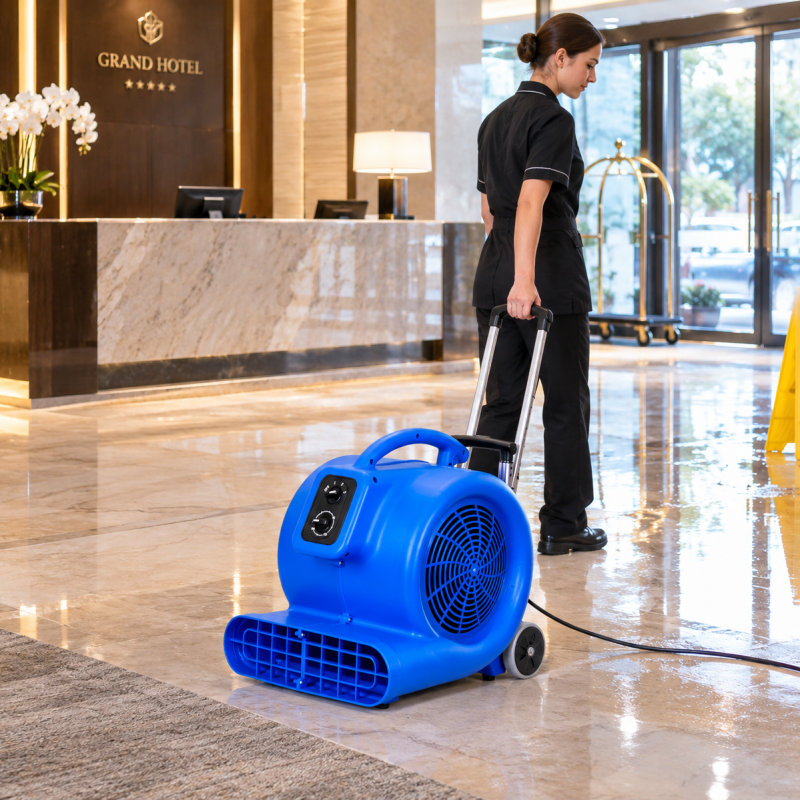 Kommersiële lugbeweër van 1000 W, industriële vloerblaasmasjien met teleskopiese handvatsel