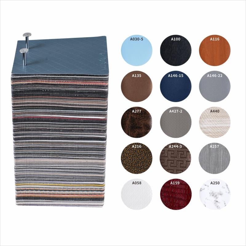 Taitang custom leather and material swatches showcasing various colors, textures, and custom options for guest room amenities.jpg