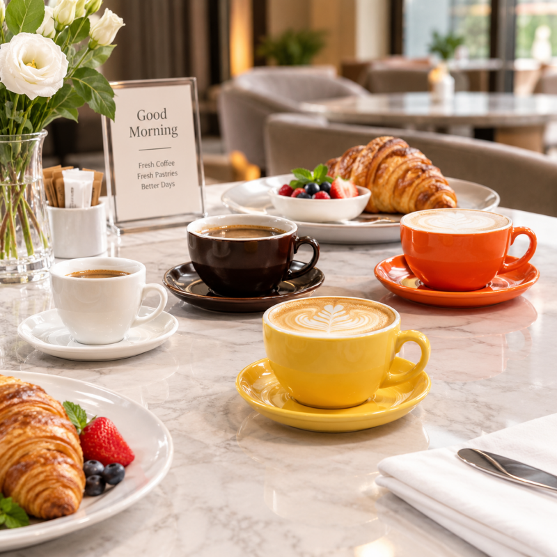 Four ceramic coffee cups with matching saucers—white, black, orange, and yellow—filled with espresso and latte art on a marble table with croissants, fresh berries, and white flowers.png