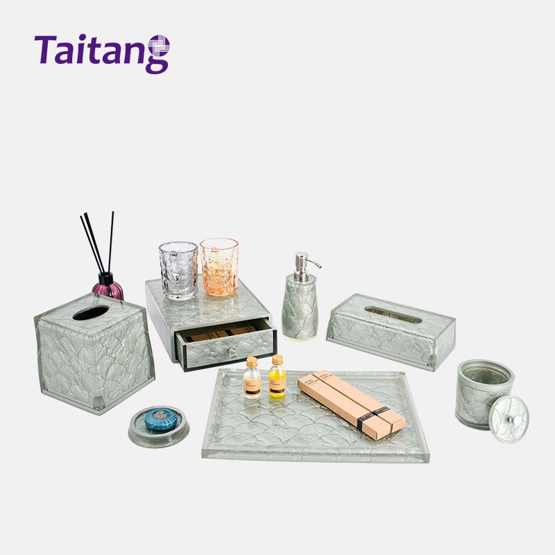 Pearl Green Eco-Resin Hotel Amenity Tray & Scallop Motif Vanity Accessories