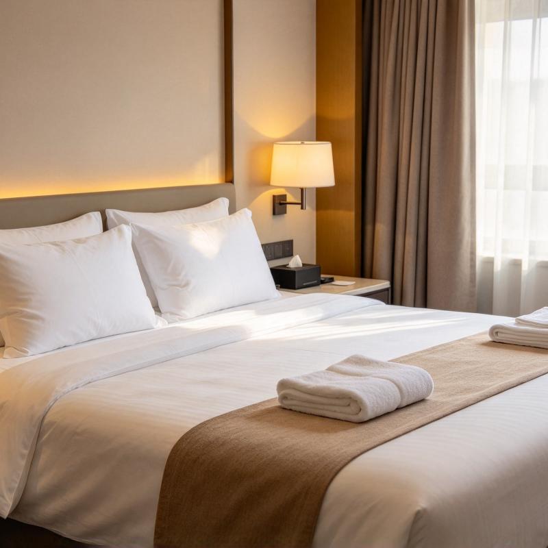 Luxury hotel bedroom interior featuring durable 300T cotton sateen bedding set supplied by wholesale hotel linen supplier Taitang.jpeg