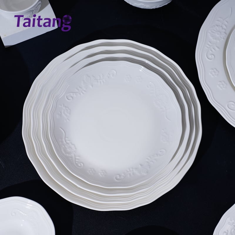 Floral Embossed Porcelain Dinnerware Set White Dinnerware Hotel Collection & Wholesale Plates Sets