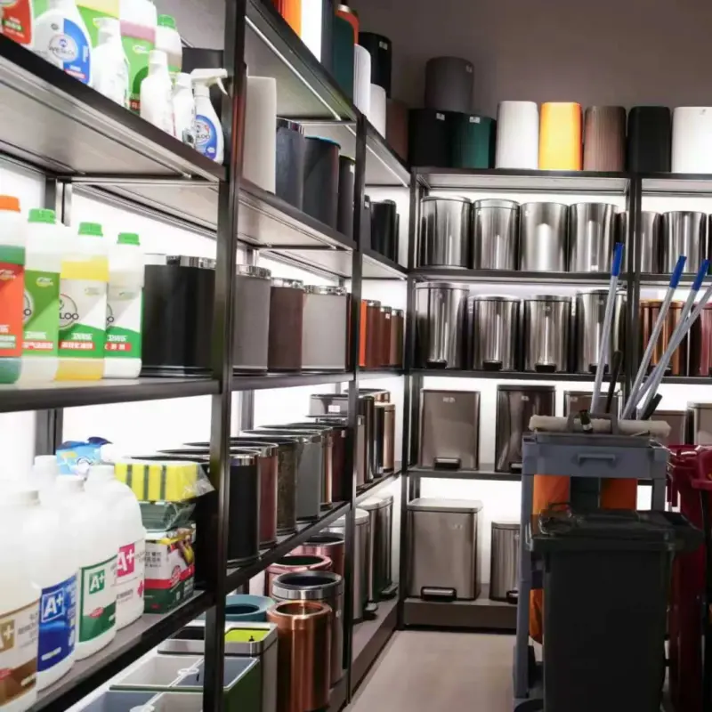 Commercial hotel housekeeping supplies and janitorial cleaning equipment on heavy-duty storage racks for hospitality property maintenance.webp