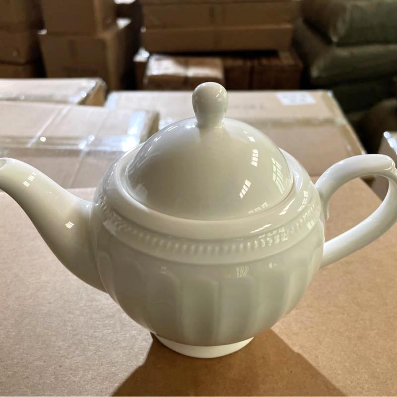 White fine bone china teapot featuring classic vertical relief line embossing during quality inspection.JPG