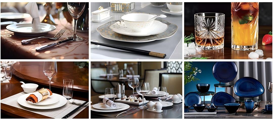 An expansive view of the TAITANG Porcelain Exhibition Hall, showcasing thousands of hotel-grade tableware designs including ceramics, glassware, and integrated dining solutions.