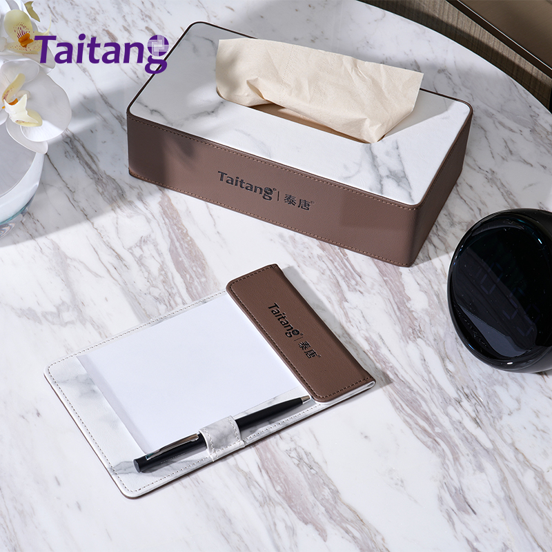 Set di accessori in ecopelle per camera d'albergo e bagno, forniture personalizzate per strutture ricettive e vassoi per amenity, vendita all'ingrosso