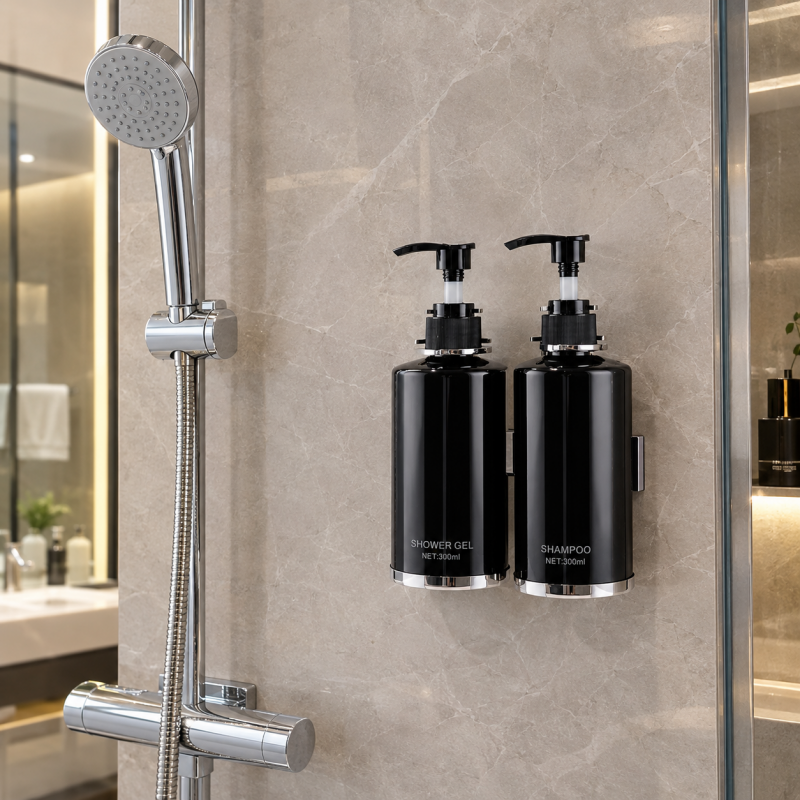 Taitang wall-mounted glossy black refillable liquid dispenser bottles set of 2 for hotel shower gel and shampoo in modern bathroom.png