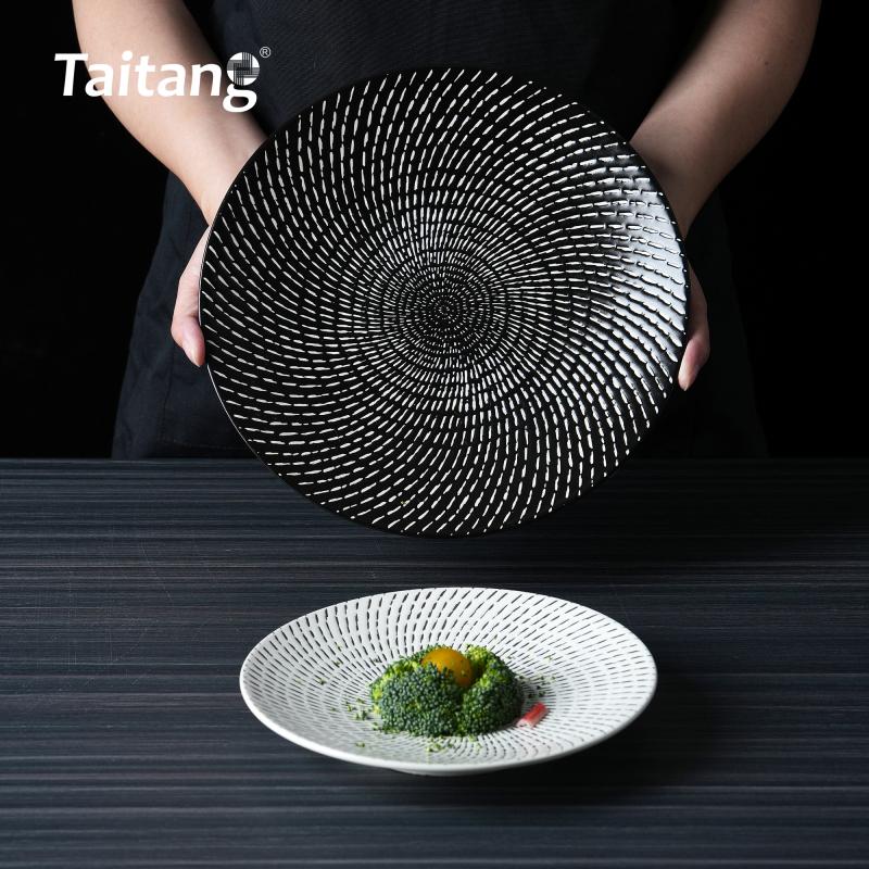 Swart-en-wit keramiese aandeteëlstel Struktuurporseleintafelwareplate vir boetiekhotelle, eetplekke en restaurante