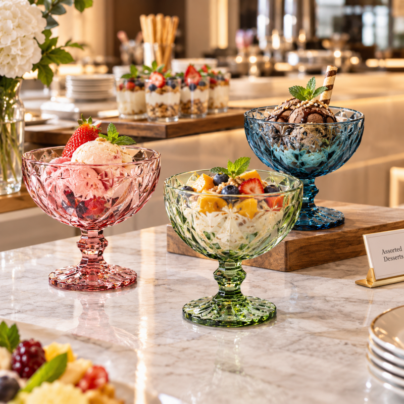 Diamond Cut Glass Dessert Bowls Wholesale Colored Glass Ice Cream Cups for Hotels & Restaurants