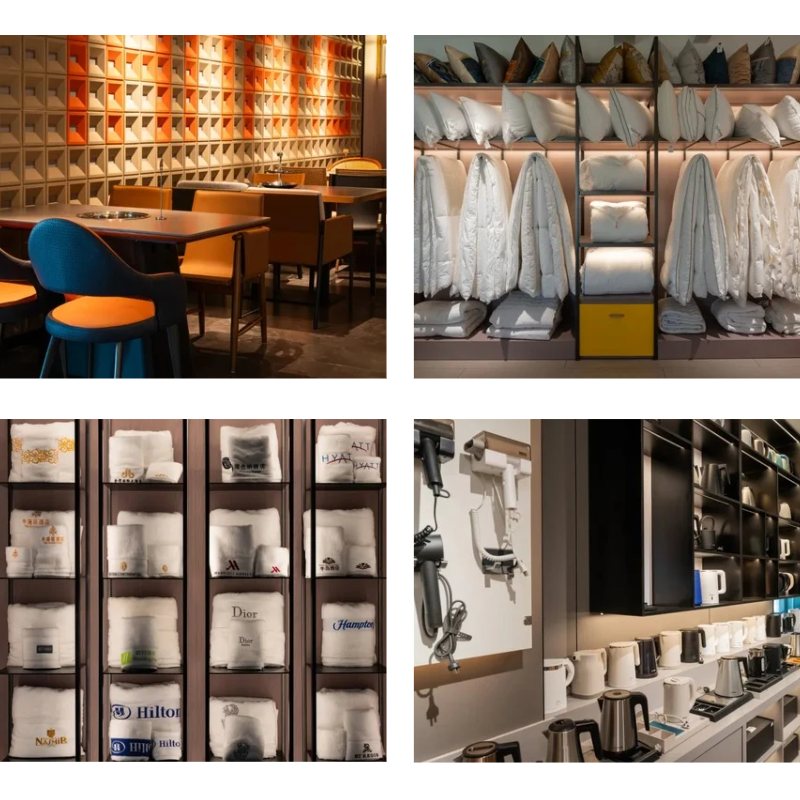 A 4-panel collage showcasing a well-designed restaurant interior and diverse displays of products like textiles and kitchenware at an exhibition.png