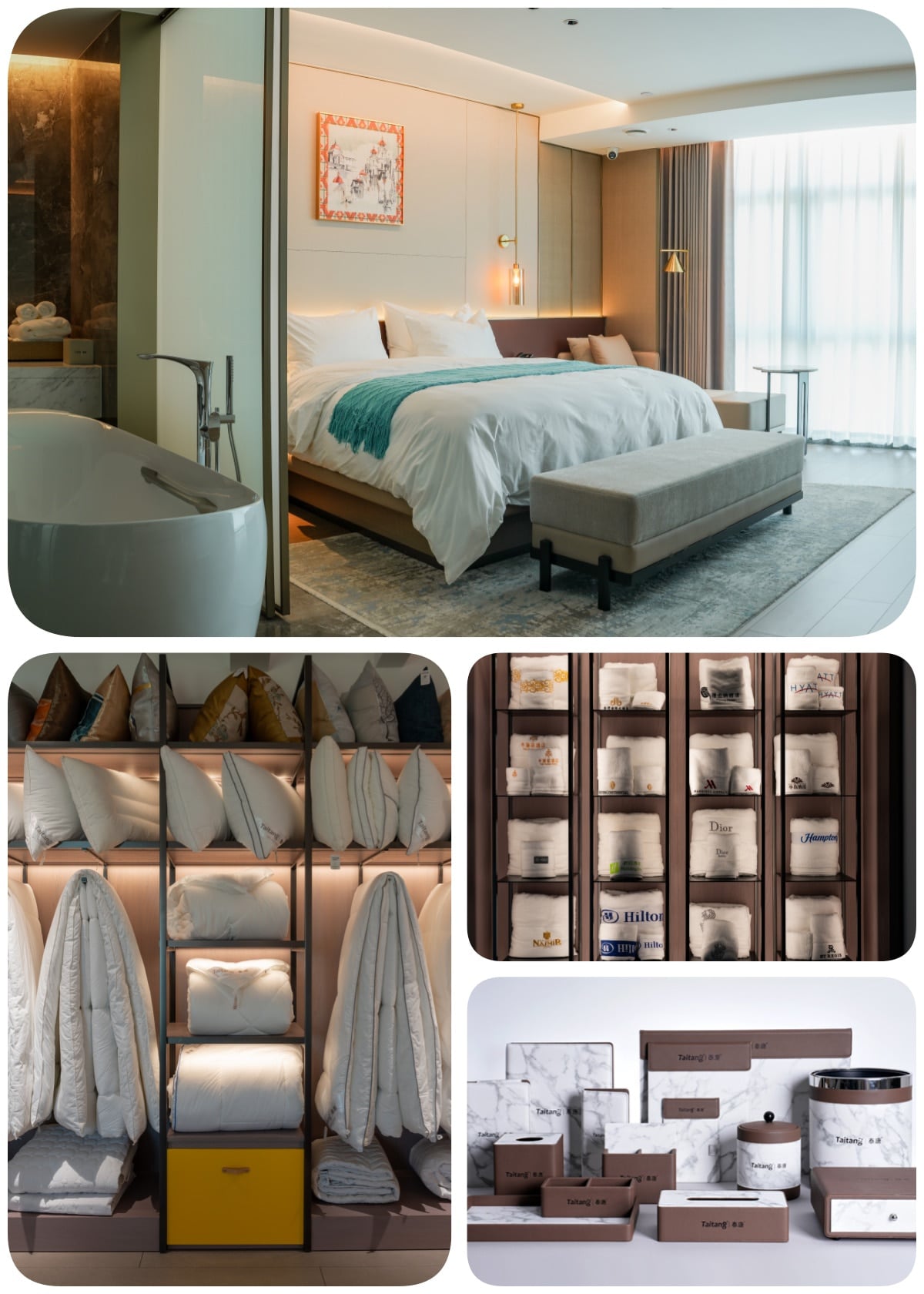 A collection of images showcasing integrated hotel supply solutions by Taitang, featuring a luxury hotel suite with a freestanding bath, neat displays of white pillows and customized rolled towels, and a matching set of brown and marble-patterned hotel bathroom amenities.