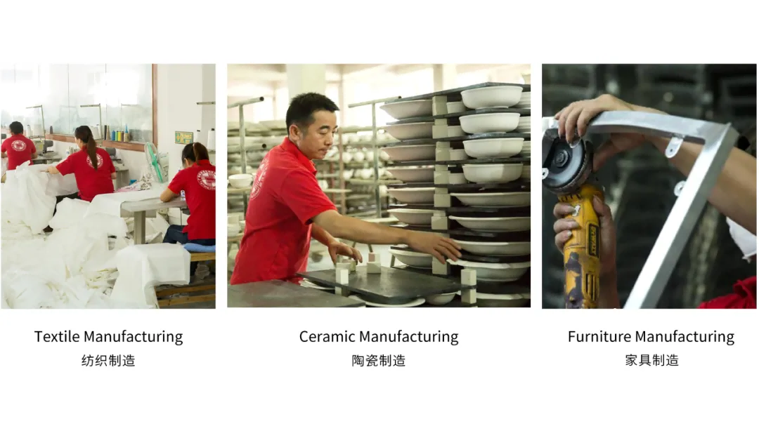On the left, two textile workers in red shirts work with fabric. In the middle, a ceramic worker in a red shirt stacks plates. On the right, a close-up of a furniture worker's gloved hand using a power tool to assemble a metal frame.