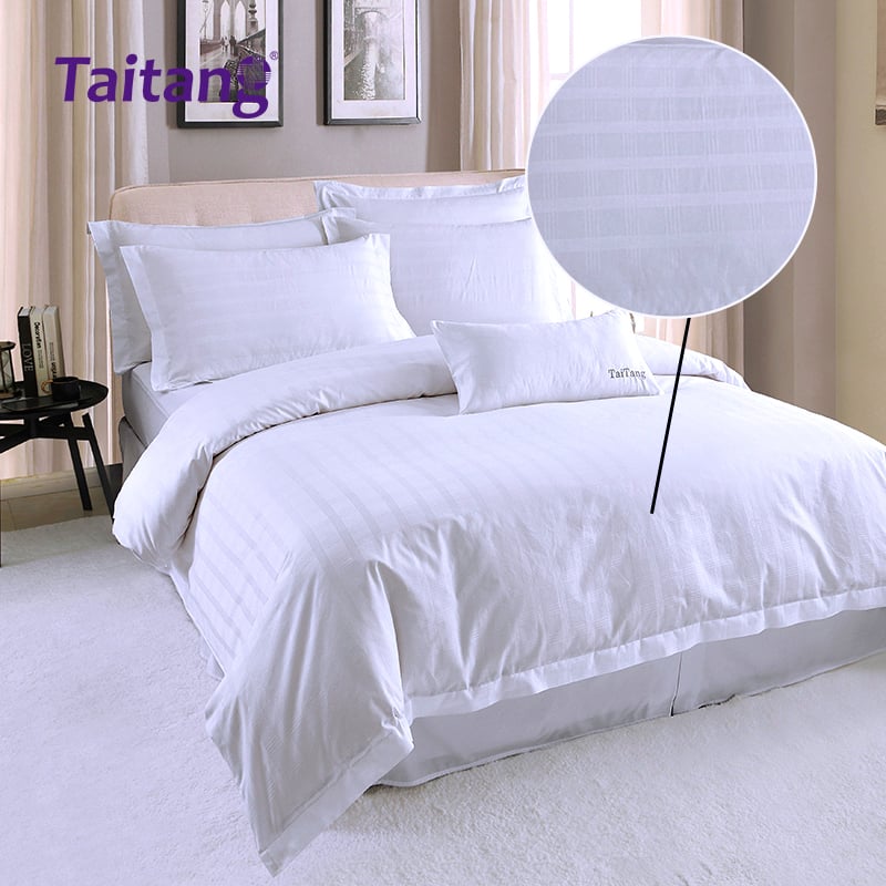 Luxury Hotel Bedding Set 300T Cotton Sateen Four-Line Grid Jacquard Commercial Hotel Style Bedding