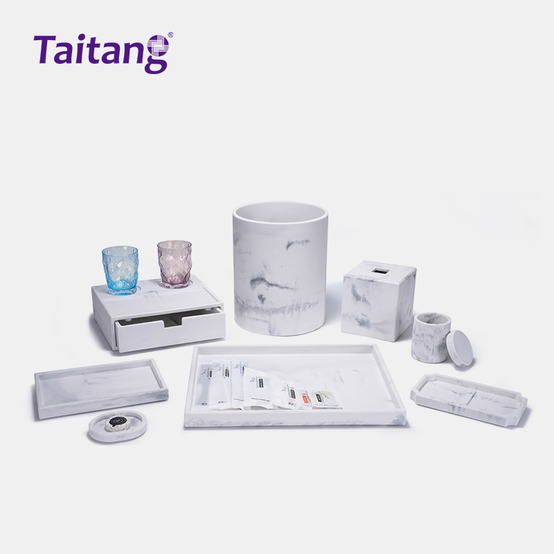 Marble Resin Hotel Guestroom Amenity Box & Tray Set White Sandstone Textured Hospitality Tray Collection