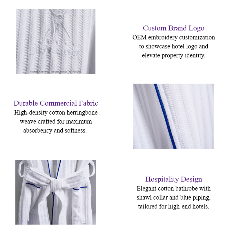 Luxury Herringbone Shawl Collar Cotton Hotel Bathrobe with Blue Piping Wholesale & Custom Resort Spa Robes.png
