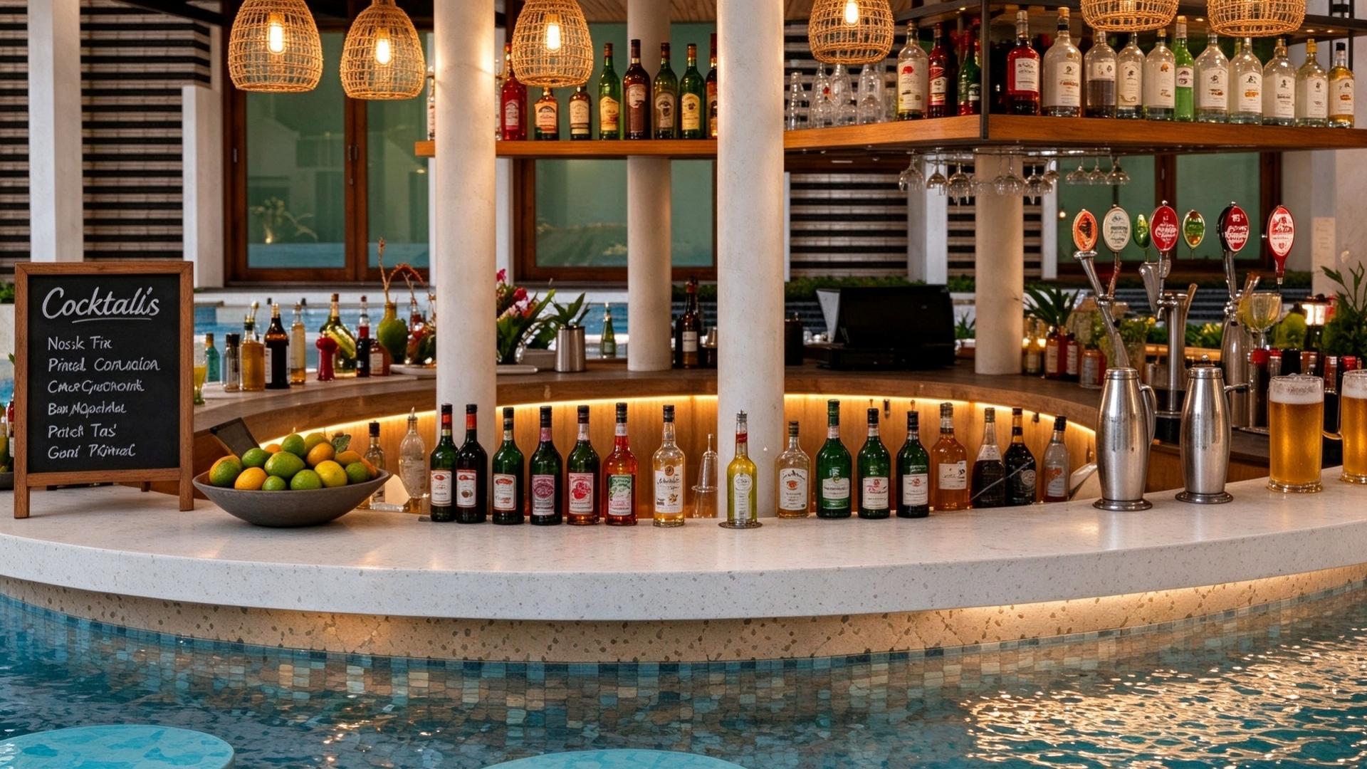 Swim-up resort pool bar setup featuring a curved bar counter, liquor bottle displays, and cocktail preparation station.jpeg
