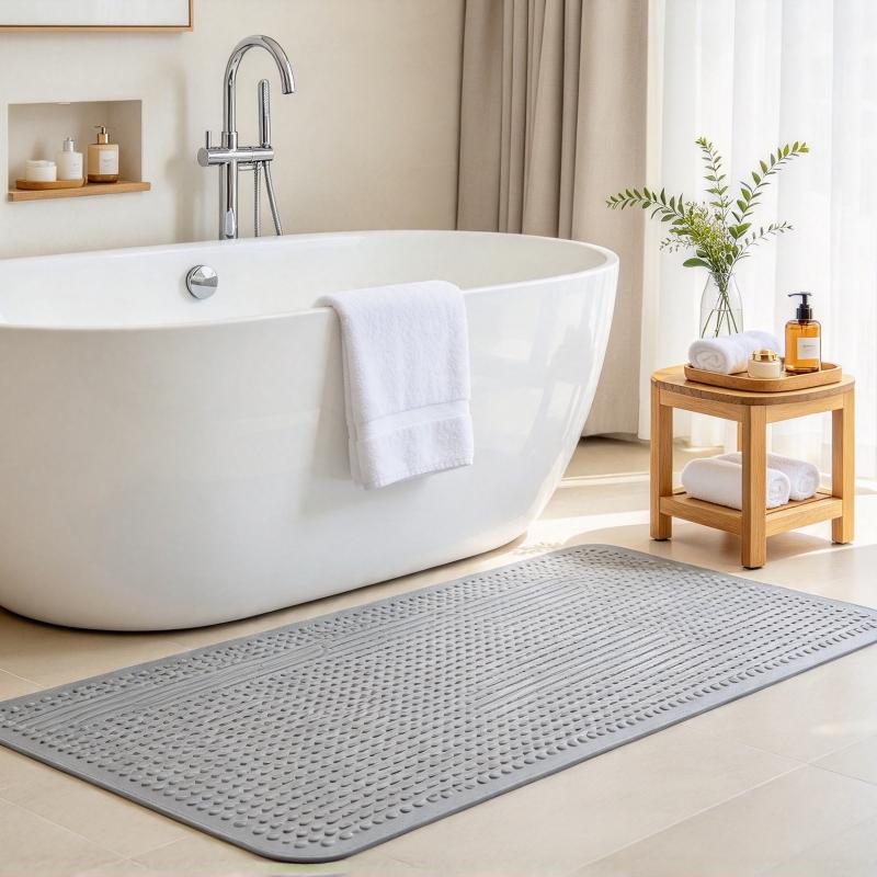 Taitang heavy-duty rubber non-slip bath mat with suction cups placed beside a luxury hotel freestanding bathtub.jpeg