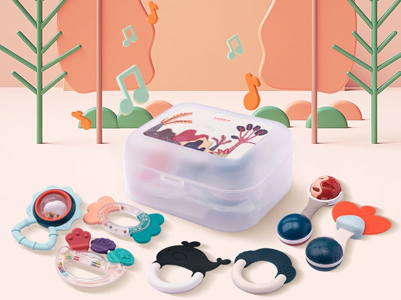 Baby Teething Rattle Toy Set with Storage Box