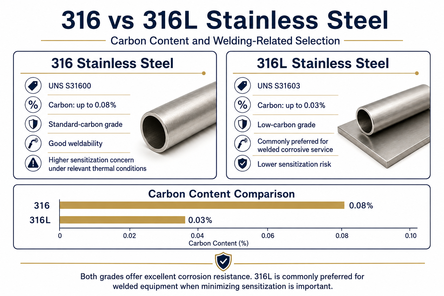 316 vs 316L stainless steel composition comparison showing carbon content and UNS grades