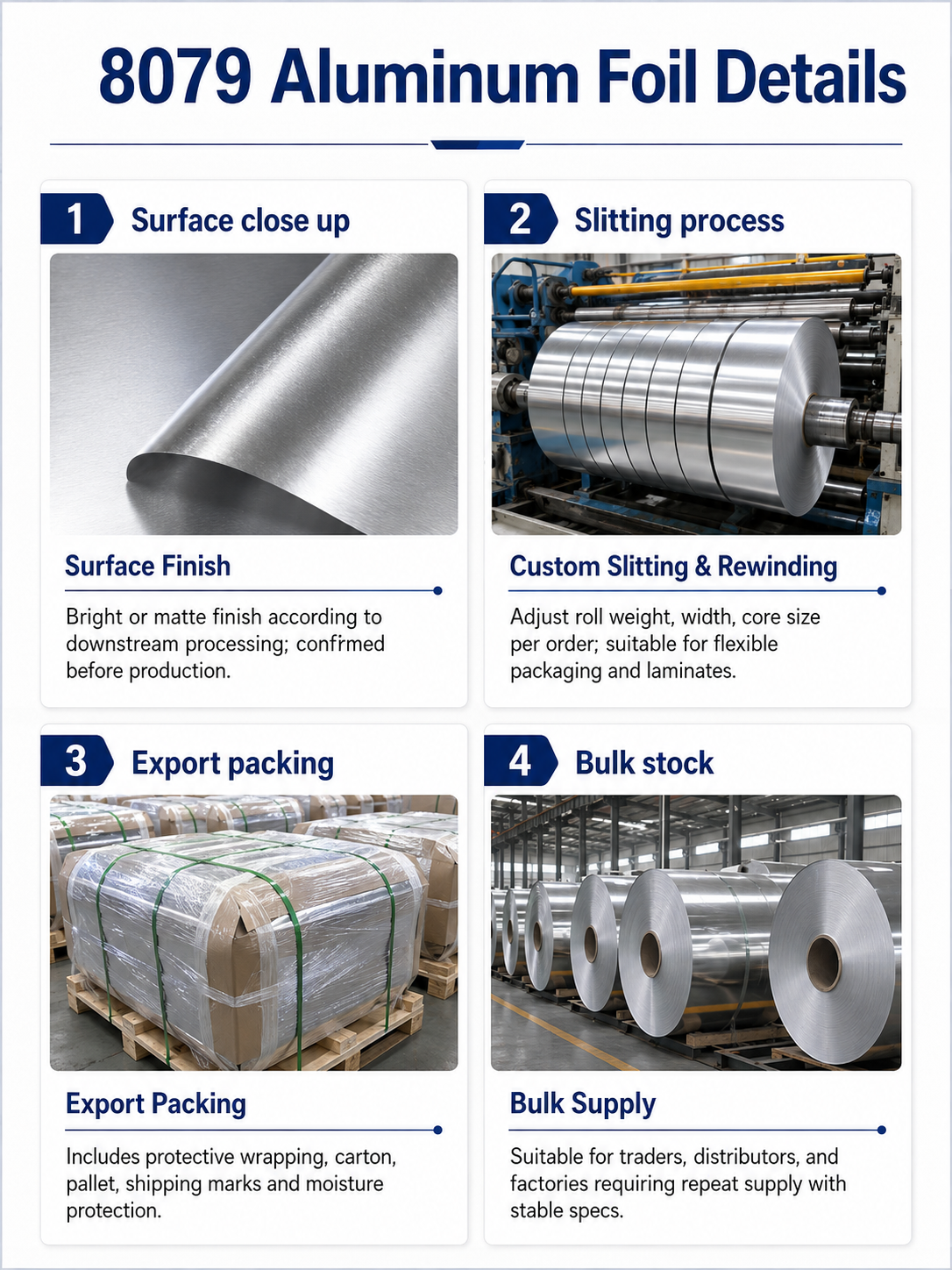 8079 Aluminum Foil Details 8079 Aluminum Foil details including surface finish slitting process export packing and bulk supply