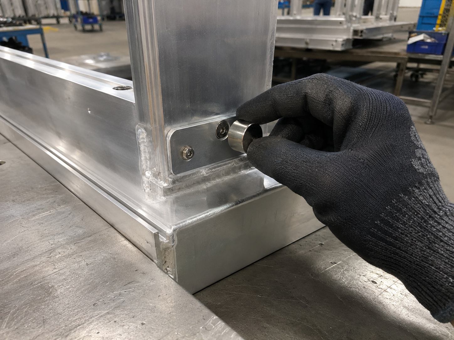 Aluminum fabricated assembly with steel fasteners during magnetic inspection