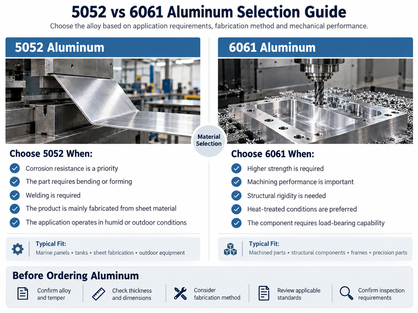 5052 vs 6061 aluminum selection guide comparing strength, corrosion resistance, forming and machining