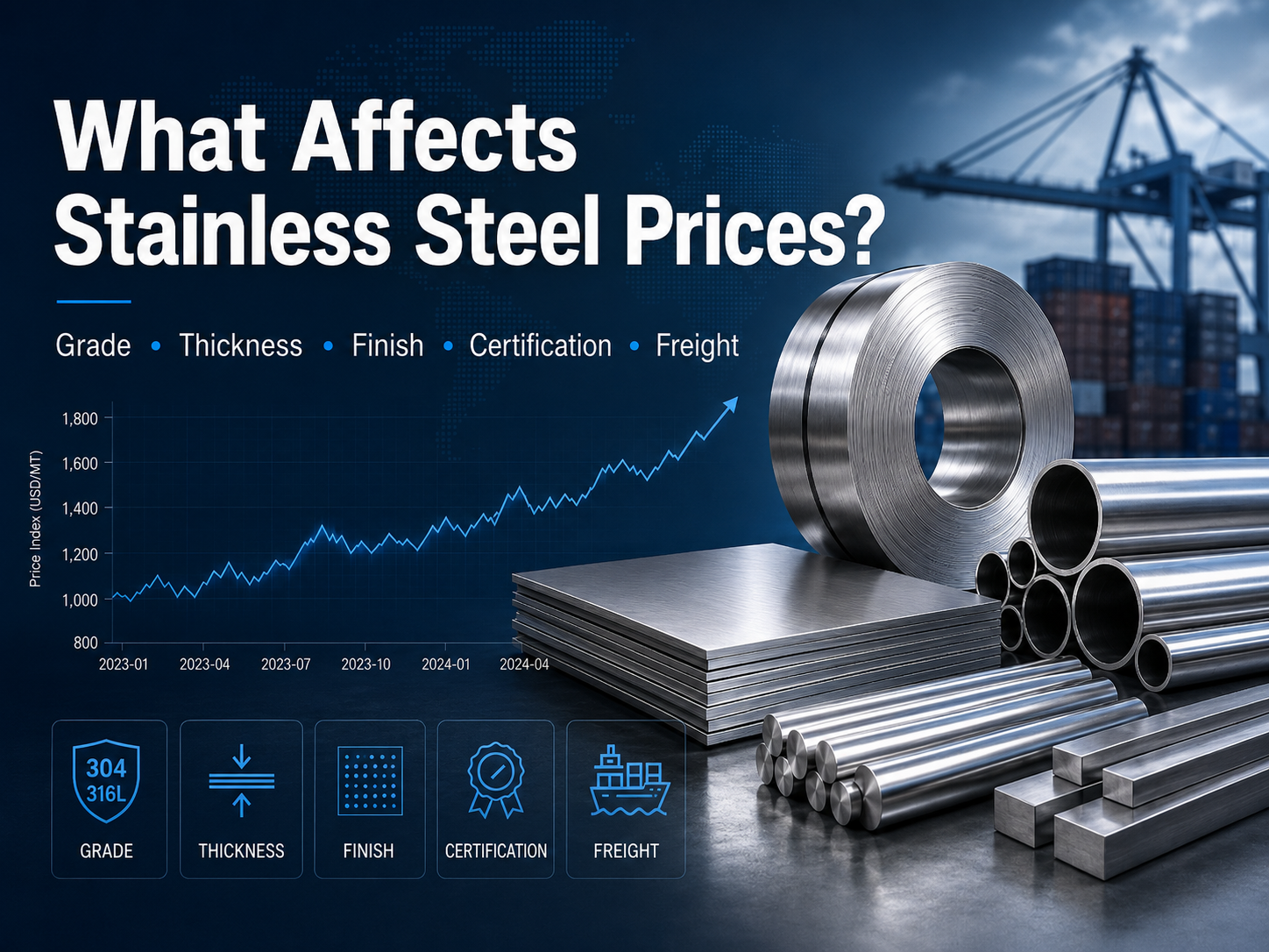 Stainless steel price factors including grade thickness finish certification and freight for industrial buyers