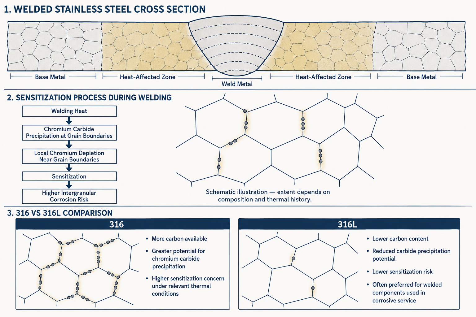 316 vs 316L welding sensitization process showing chromium carbide formation and intergranular corrosion risk