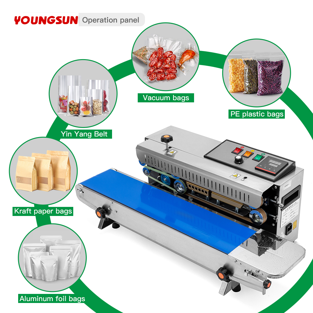 FR-900 Stainless Steel Bag Sealing Machine Heat Sealing Machine Continuous Band Heat Sealing Machines For Food Packaging