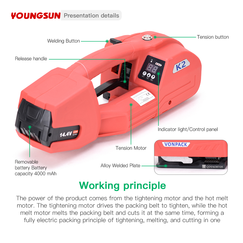 K2 Portable Strapping Machine  Electric Strapping Tool PP PET Bundling Tensioner Strapping Machine  Digital Display Screen Adjustment Pallet Packaging Machine