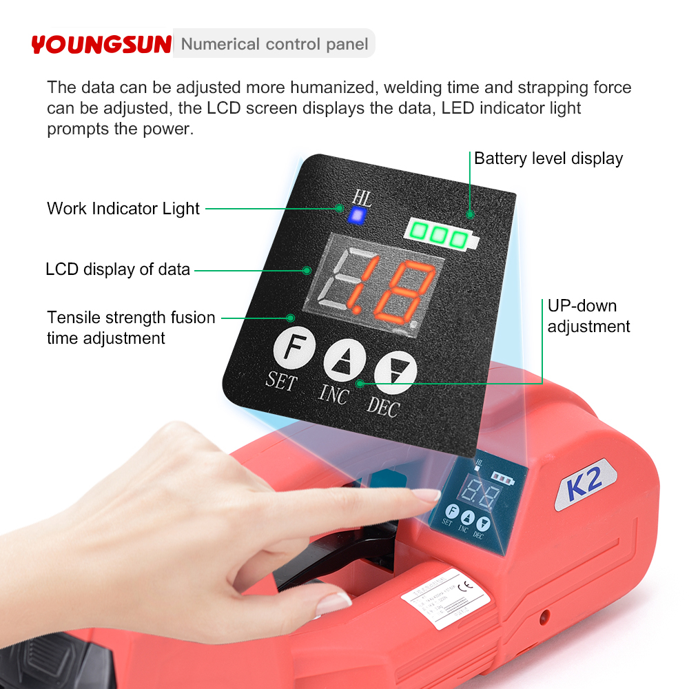 K2 Portable Strapping Machine  Electric Strapping Tool PP PET Bundling Tensioner Strapping Machine  Digital Display Screen Adjustment Pallet Packaging Machine