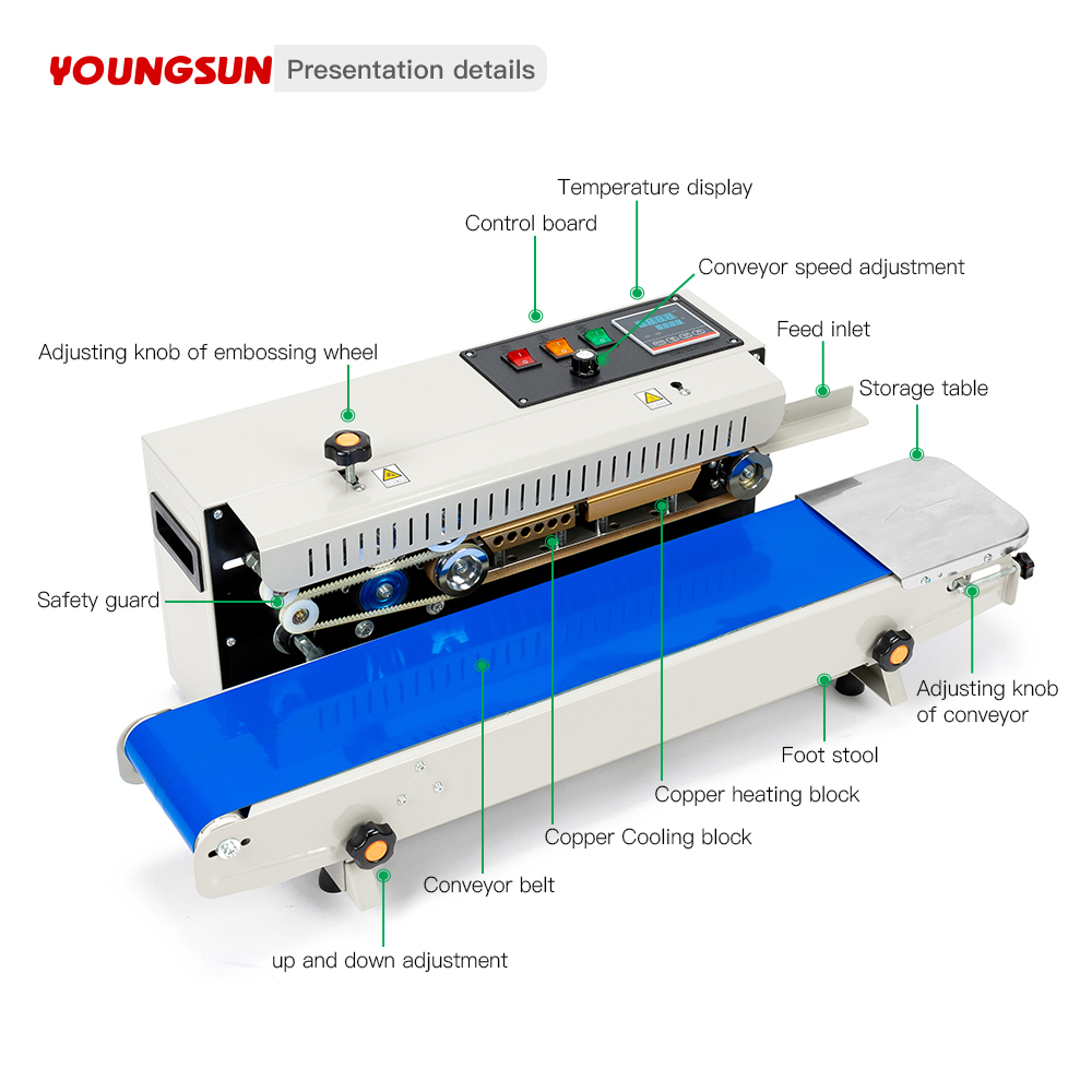 FR-900 Stainless Steel Bag Sealing Machine Heat Sealing Machine Continuous Band Heat Sealing Machines For Food Packaging