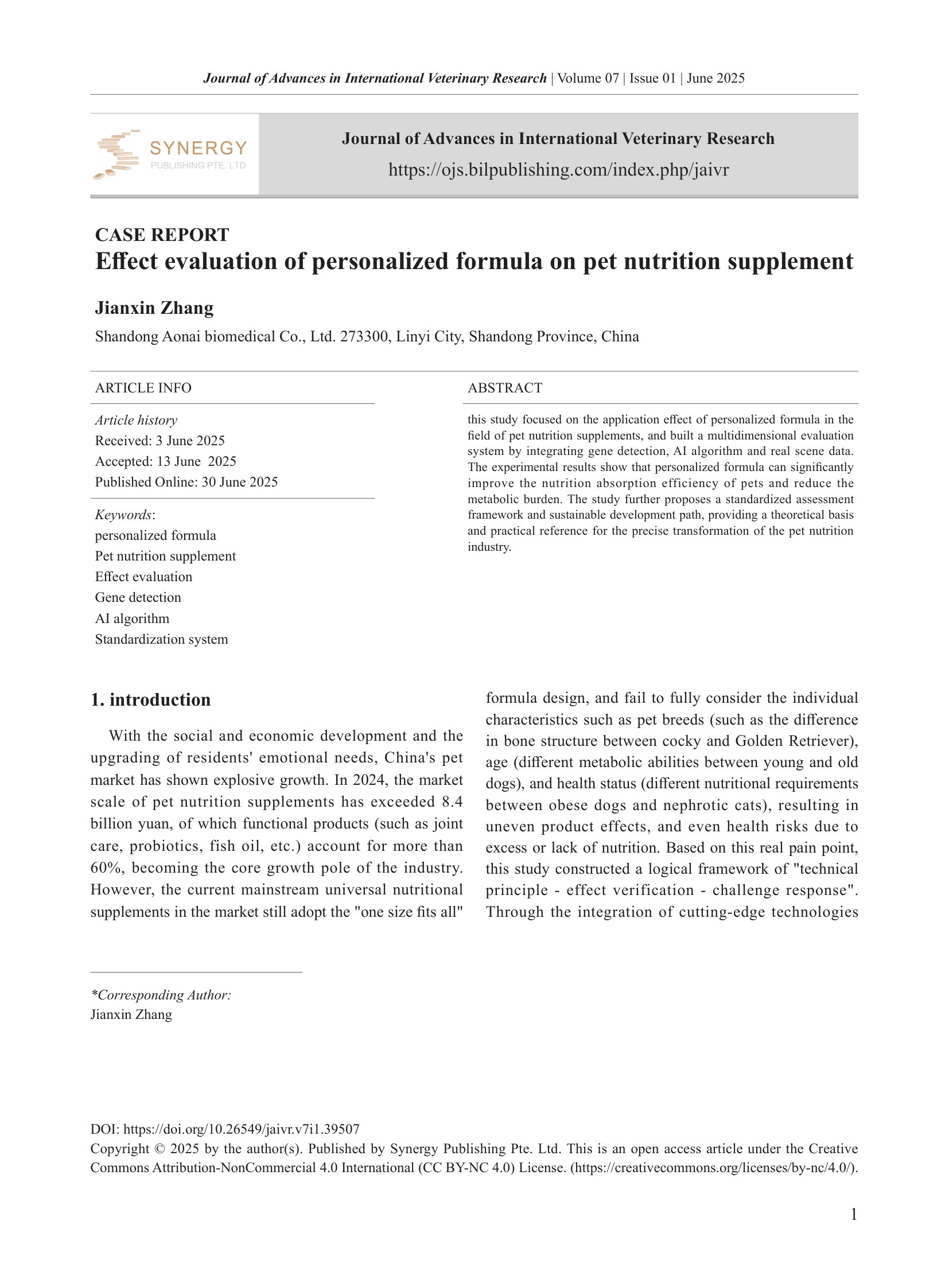 Shandong Aonai Biopharmaceutical Publishes Personalized Pet Nutrition Supplement Research in International Veterinary Research Journal1.jpg