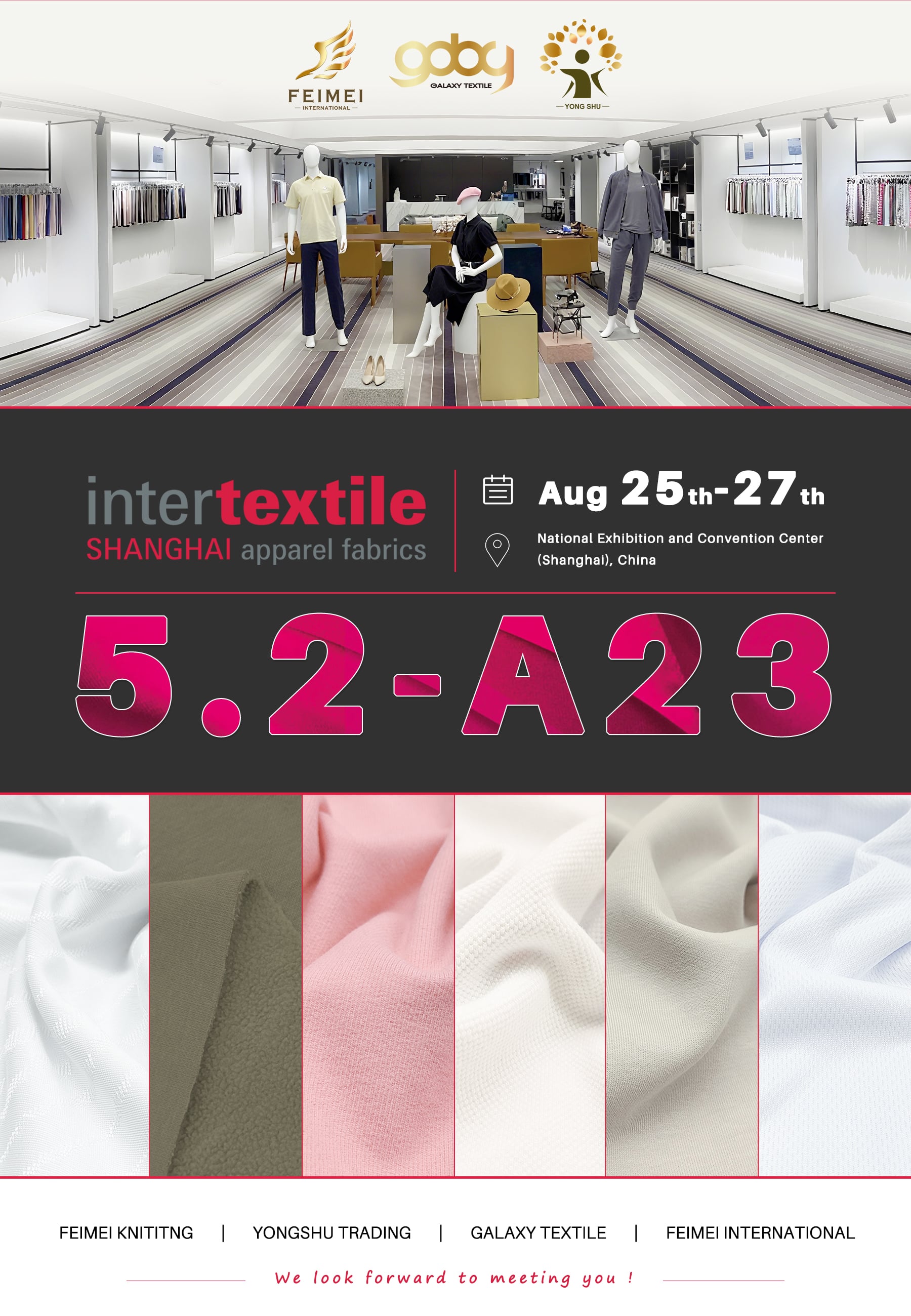 H5.2 A23 | Intertextile Shanghai, 25.–27. elokuuta kutsu Feimei / Yongshu Knit Fabric Factorylta