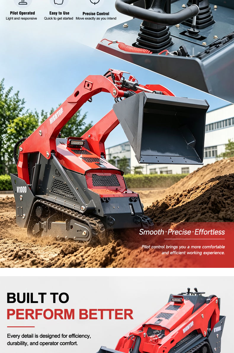 HIGHTOP HTV1000 skid steer loader pilot joystick control, machine operating on dirt construction ground.jpg