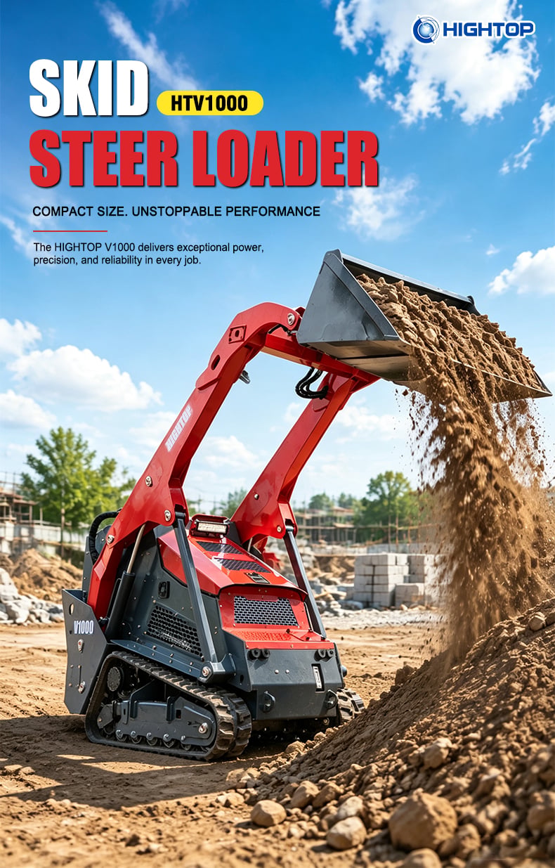 HIGHTOP HTV1000 compact skid steer loader working on construction site, dumping soil material, compact size powerful performance.jpg