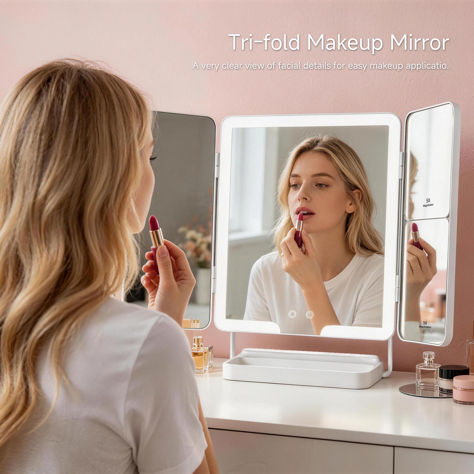 Tri-Fold LED Makeup Mirror for Wholesale Buyers: 3X/5X Magnification, Type-C Charging and Adjustable Vanity Design