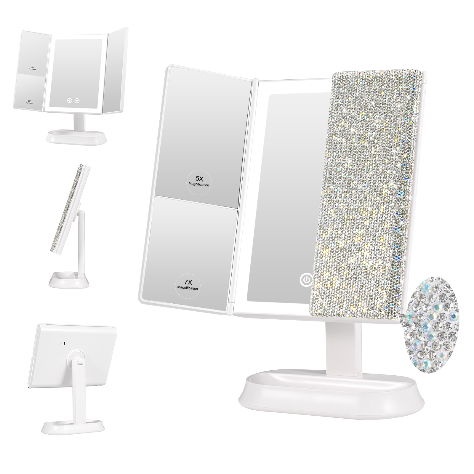 Strass-Dreifach-LED-Schminkspiegel mit 5X-/7X-Vergrößerung für den Beauty-Einzelhandel, als Geschenk und für OEM-Großhandel