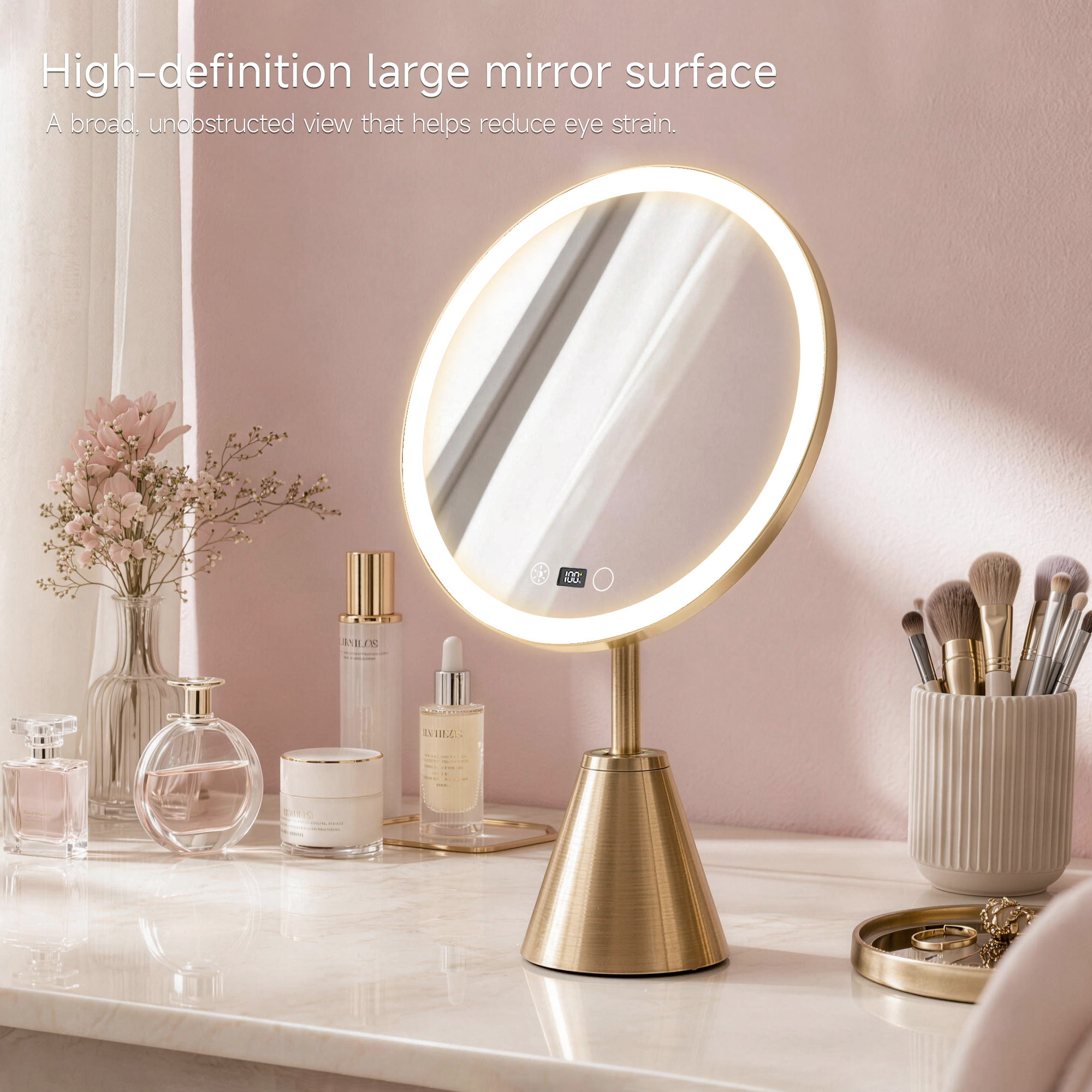 Brushed Gold LED Makeup Mirror for Wholesale Buyers: Adjustable Brightness, 3 Color Lights and Premium Metal Design
