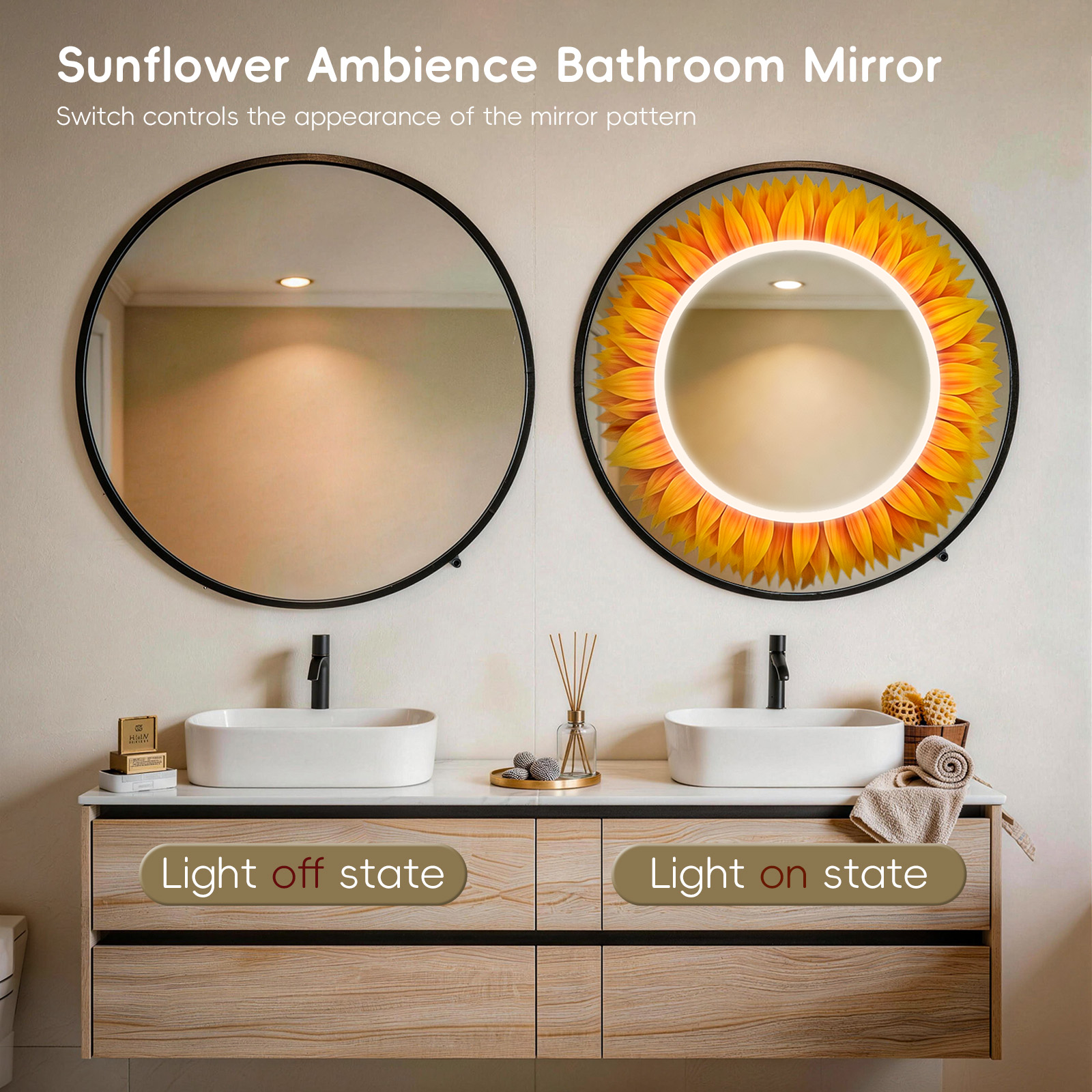 Sunflower LED Bathroom Mirror with Black Aluminum Frame – Smart Infrared Sensor Vanity Mirror