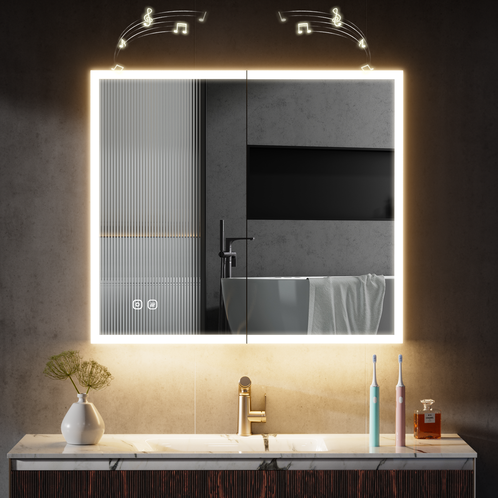 Smart LED Bathroom Mirror Cabinet for Hotel Projects and Wholesale Buyers: Bluetooth Audio, Defogging Pad, Adjustable Shelves and Power Socket