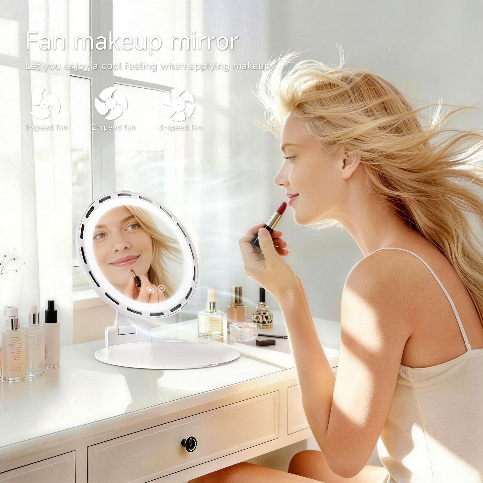 POWERME Launches Fan-Shaped LED Makeup Mirror with Cooling Fan, Hall Switch and 3 Color Lights