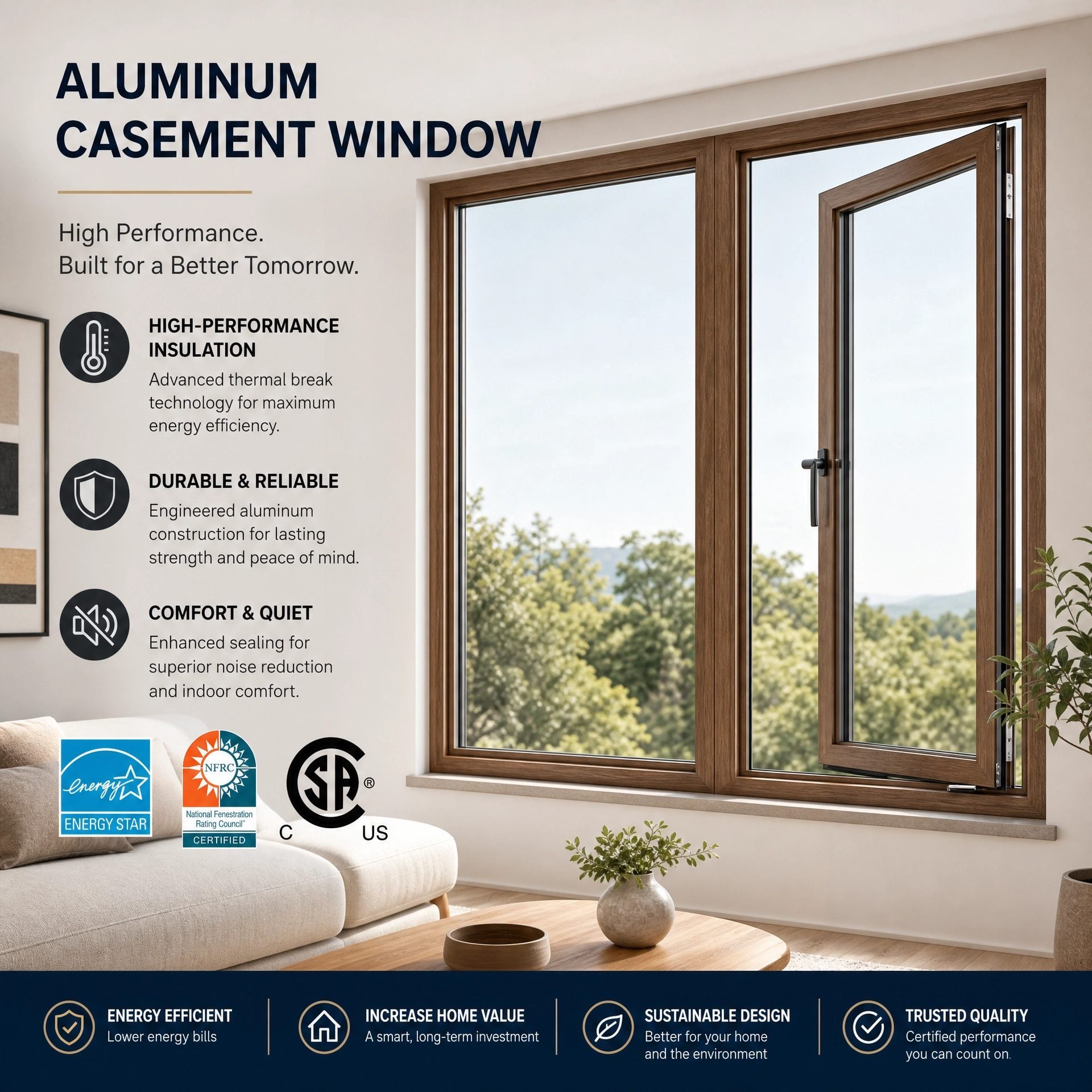 Custom NFRC Certification Aluminum Casement Window Tempered Insulated Glass Energy Saving For Apartment And Hotel Construction
