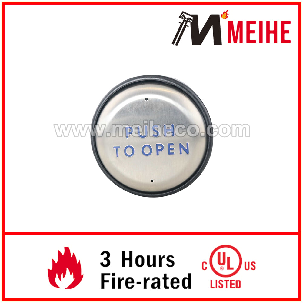 10BOX45RNDSM Interruptor de porta automático moderno em aço inoxidável com placa de pressão redonda para facilitar o uso por pessoas com deficiência.