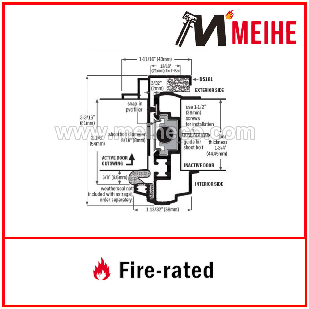 YDW605 High Quality Commercial Door Locking Astragals North American Popular Outswing Neoprene Gasket Industrial Style Aluminium
