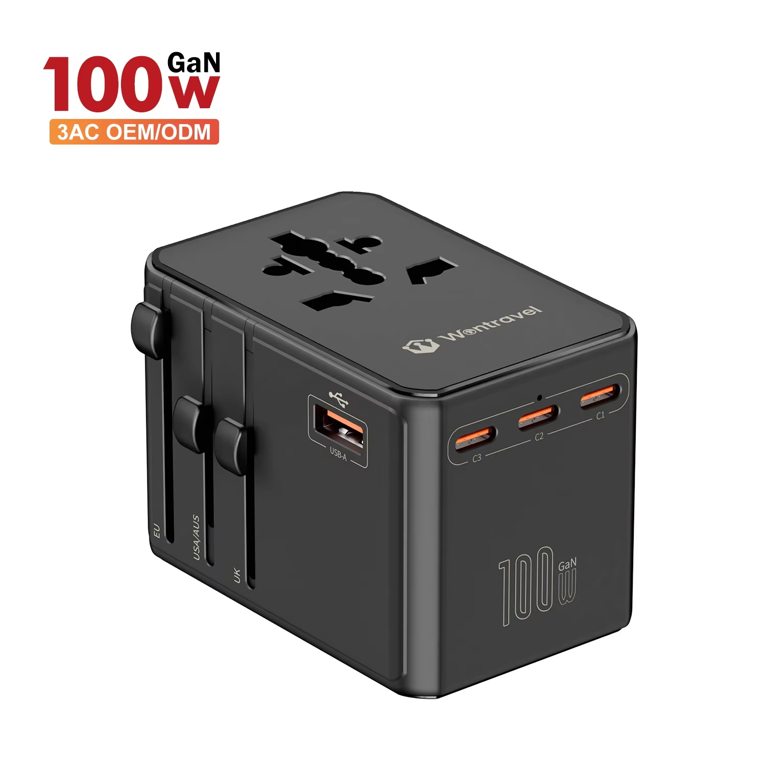 1Wontravel 100W GaN PD Power Adapter Travel Quick Charger International Universal Travel Adapter Type-c for Laptop with 3AC.png