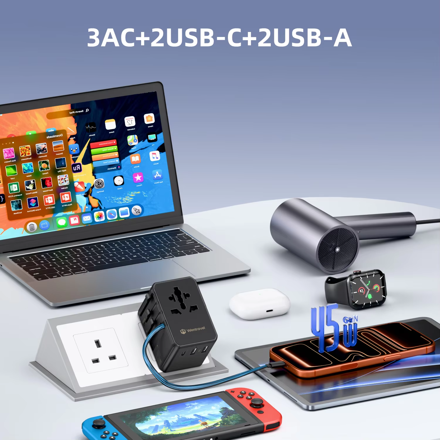 2Wontravel 3AC Socket 45W PD Type C Fast Charging All in One Global Universal Travel Adapter with Retractable Cable.png