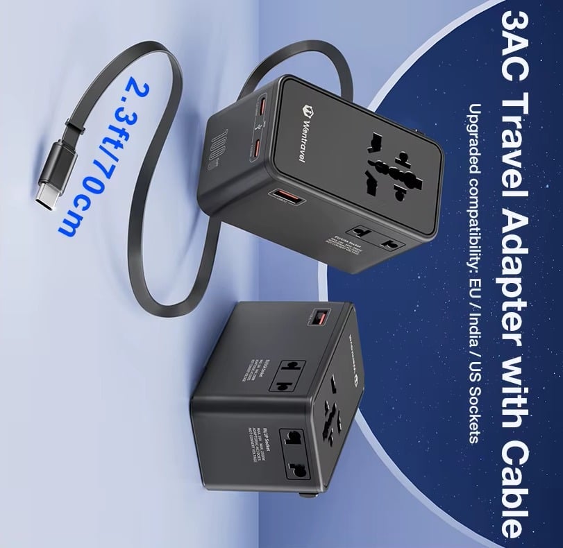 Wontravel 100W GaN International Plug Universal Travel Adapter Fast Charger Travel Adaptor with Cable