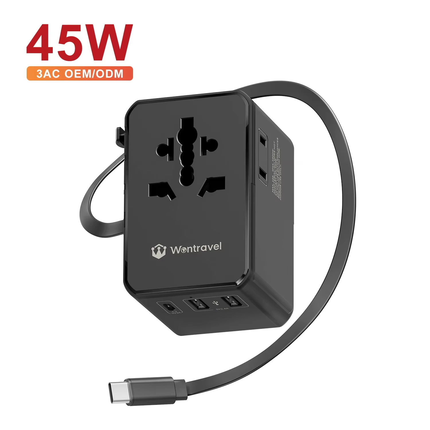 1Wontravel 3AC Socket 45W PD Type C Fast Charging All in One Global Universal Travel Adapter with Retractable Cable.png