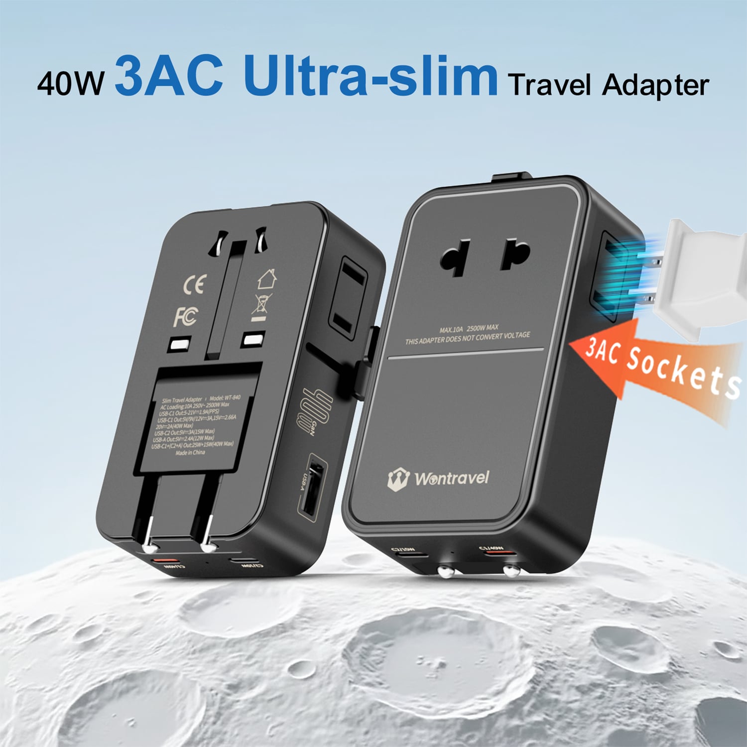 Wontravel 40W GaN Slim 3AC Charger Fast Quick Portable Foldable Universal Travel Adapter